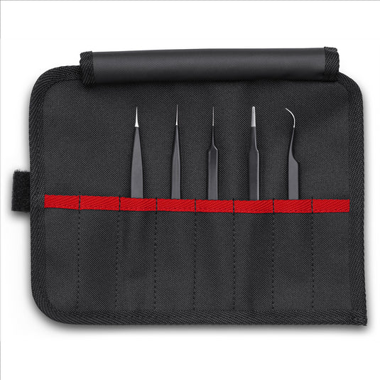 KNIPEX 5 Pc Stainless Steel Tweezers Set in Tool Roll-ESD
