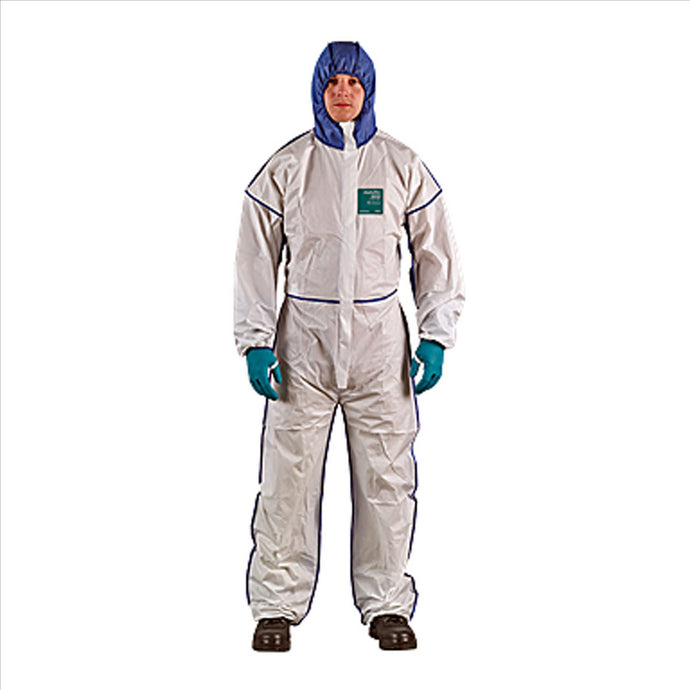 Ansell ALPHATEC 681800C BOUND SMS HOOD BACK LEG COVERALL WHT NVY SIZE 2XL