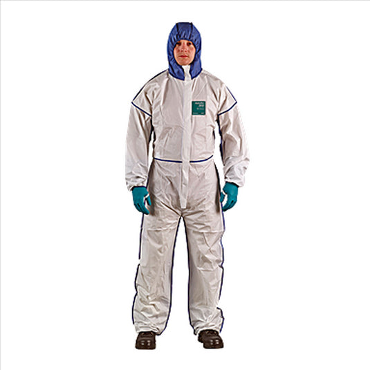 Ansell ALPHATEC 681800C BOUND SMS HOOD BACK LEG COVERALL WHT NVY SIZE 4XL