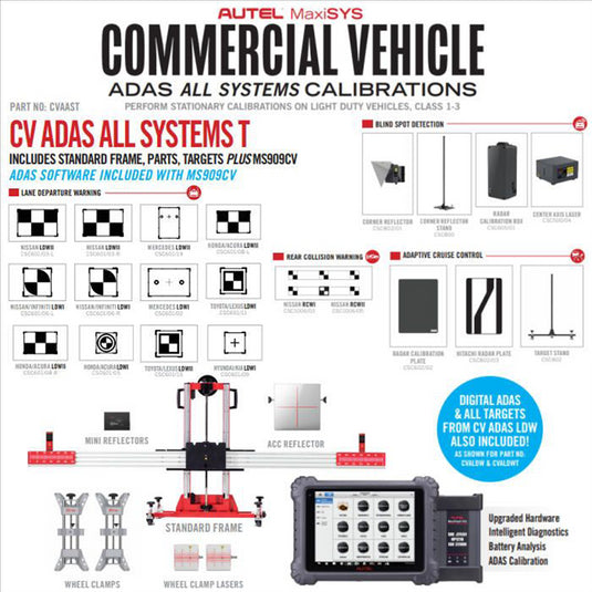 Autel CV ADAS All Systems Tablet Package : CV Class 1-3 vehicles All Sys. Cal. Pkg. w MS909CV for LDW; ACC; BSD; RCW; AVM