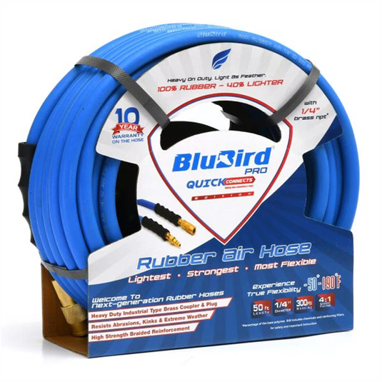 BluBird BluBird Pro Rubber Air Hose with Universal Quick Connect Coupler; Brass MNPT Industrial Fitting - 1/4"" x 100 Feet