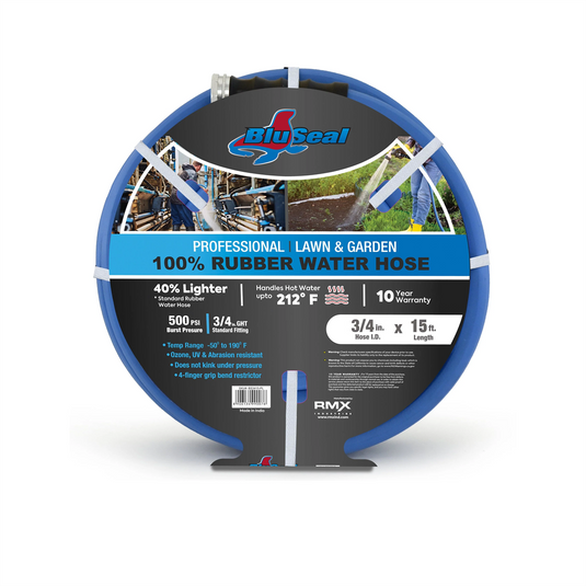 BluBird BluSeal 3/4"" Lawn Garden Water Hose Hot/ Cold Lightweight Professional Grade 100% Rubber Hose - 15 Feet