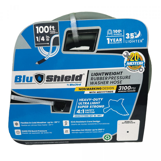 BluBird Blushield Rubber Pressure Washer Hose Assembly 1/4"" x 100' w/ M22 Non Marking