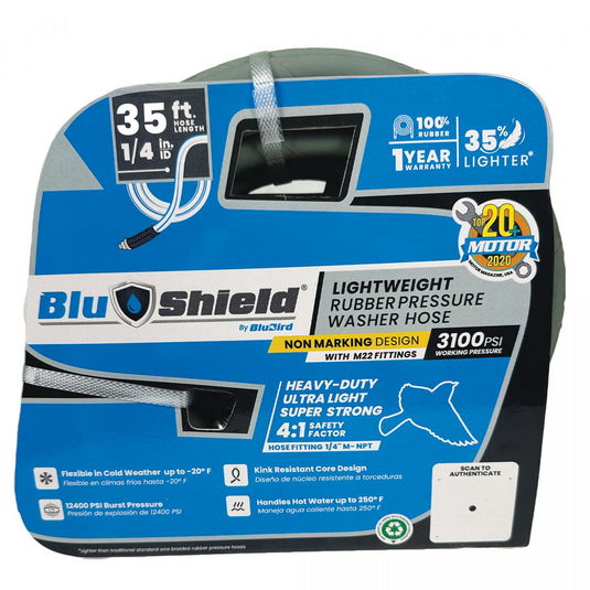 BluBird Blushield Rubber Pressure Washer Hose Assembly 1/4"" x 35' w/ M22 Non Marking