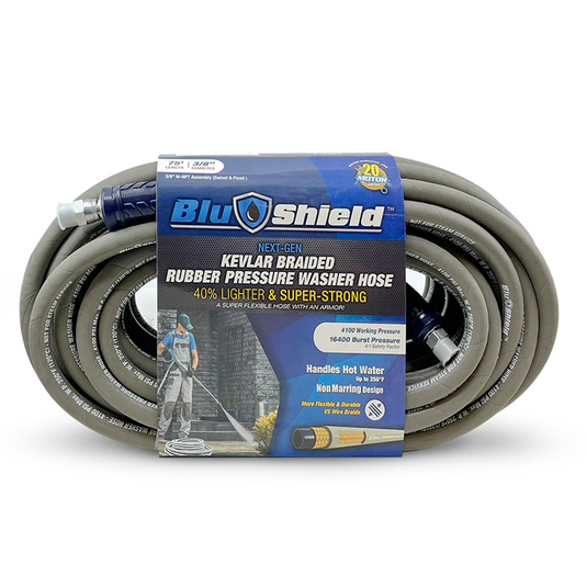 BluBird BluShield Aramid Braided 3/8"" Rubber Pressure Washer Hose; Non Marking; 4100PSI Heavy Duty Lightweight - 75 Feet