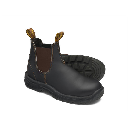 Blundstone Steel Toe Elastic Side Slip-On Boots; Kick Guard; Water Resistant; Stout Brown; AU size 6; US size 7
