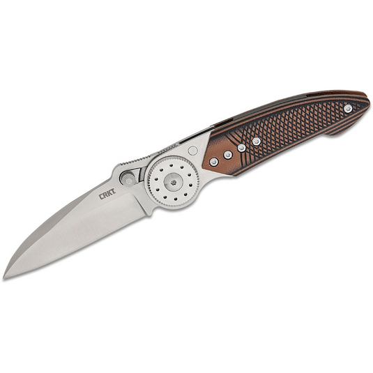 CRKT (Columbia River Knife) Walker Blade Lock 14C28N Satin Plain Blade Folding Knife with Blade Lock Stainless Steel w/G10 Overlay Handle - Brown/Black