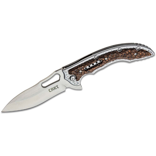 CRKT (Columbia River Knife) Fossil 8Cr13MoV Satin Plain Blade Folding Knife with Frame Lock Stainless Steel w/G10 Overlay Handle - Brown