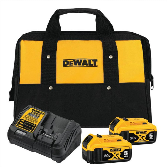 DeWalt 20V MAX XR Premium Lithium-Ion 5.0Ah Battery Pack (2 Pack); Charger and Kit Bag