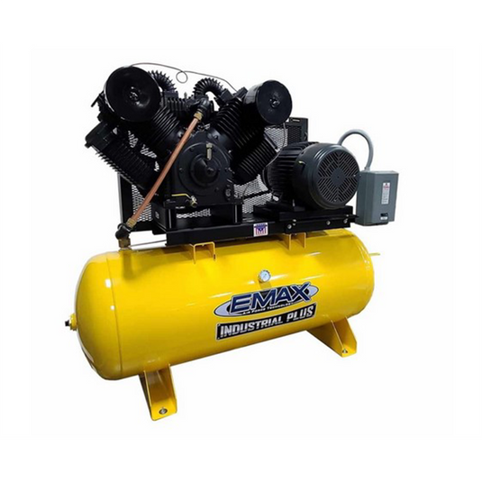 Emax Compressor NON-Silent Air Industrial Plus 20hp 3 Cyl; 3PH 120 gallon Horz. Compressor with 115 CFM air Dryer Bundle- W/ Pressure Lube Pump