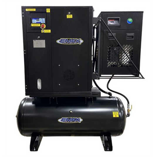 Emax Compressor 5HP 1PH Industrial Rotary Screw Compressor-120 Gal Tank Mount w/ Air Dryer