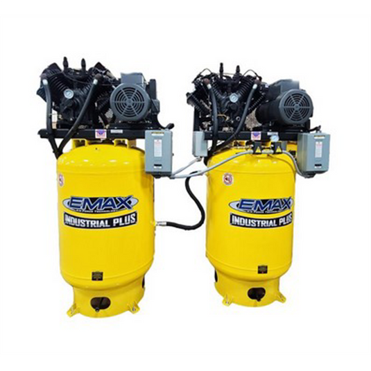 Emax Compressor Two 10HP 1ph 120 Gallon Vertical Solo Mounted Alternating Silent Air compressors-w/Pressure Lubricated pumps