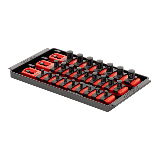Ernst Mfg. 3 Rail Universal Twist Lock Socket Tray 8"" Red; 25 Socket Clips - 9) 1/4""; 9) 3/8"" and 7) 1/2