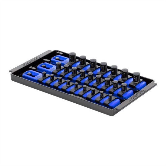 Ernst 3 Rail Universal Twist Lock Socket Tray 8"" Blue; 25 Socket Clips - 9) 1/4""; 9) 3/8"" and 7) 1/2