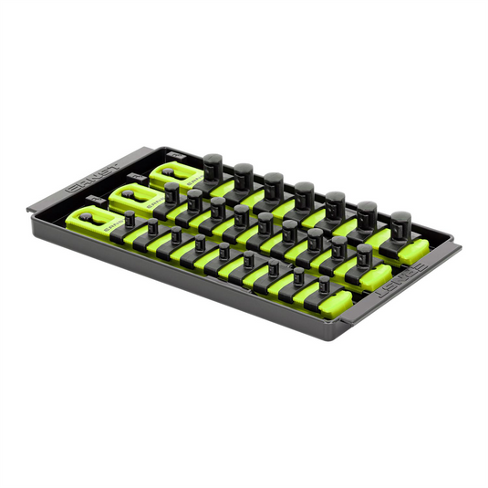 Ernst 3 Rail Universal Twist Lock Socket Tray 8"" HI-VIZ; 25 Socket Clips - 9) 1/4""; 9) 3/8"" and 7) 1/2