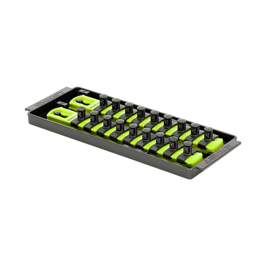 Ernst 2 Rail Universal Twist Lock Socket Tray 8""; HI-VIZ; with 18) 3/8"" Socket Clips