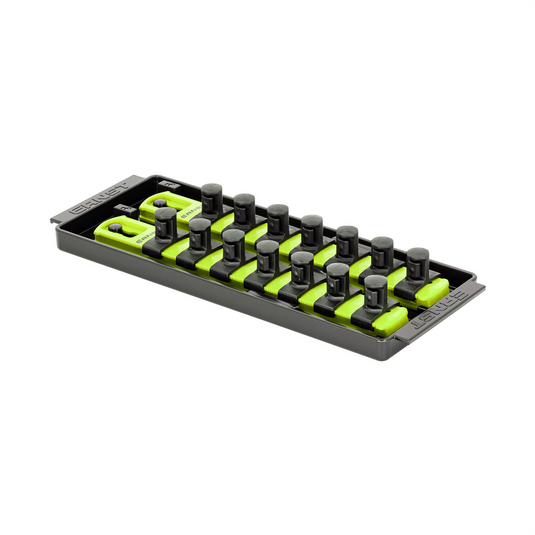 Ernst 2 Rail Universal Twist Lock Socket Tray 8""; HI-VIZ; with 14) 1/2"" Socket Clips
