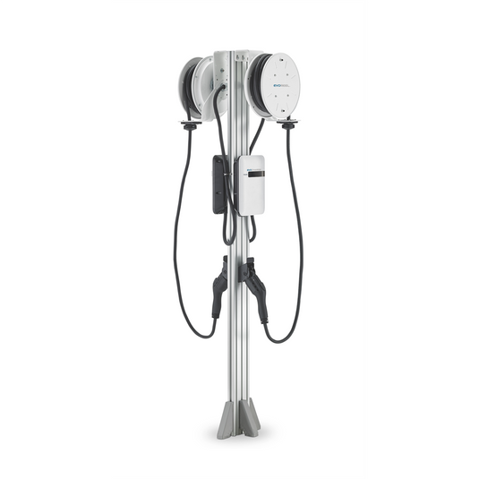 EVoCharge EVSE Electric Vehicle Charging Station; Dual Port Pedestal-mount with 6' pedestal; 22' EVOREELs & 3' interconnect cable