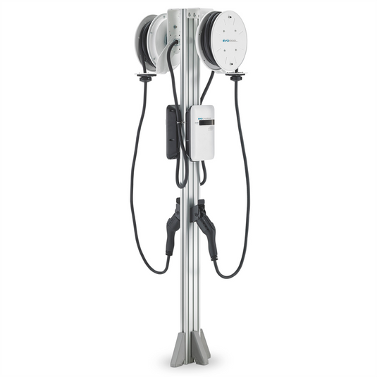 iEVSE Plus WiFi & 4G enabled electric vehicle charging station; Dual Port Pedestal-mount with 6' pedestal; 22' EVOREELs & 3' interconnect cable