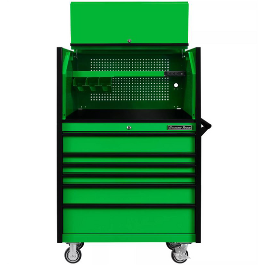 Extreme Tools DX Series 41in W x 25in D Extreme Power Workstation&reg; Hutch and 6 Drawer 25in Deep Roller Cabinet - Green with Black Drawer Pulls 100-200 lb. Slides