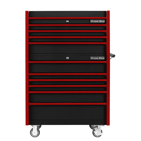 Extreme Tools DX Series 41""W x 25""D 4 Drawer Top Chest & 6 Drawer Roller Cabinet Combo - Black; Red Drawer Pulls
