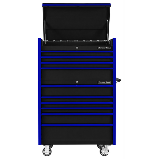 Extreme Tools DX Series 41""Wx25""D 4 Drawer Top Chest & 6 Drawer Roller Cabinet Combo - Black; Blue Drawer Pulls