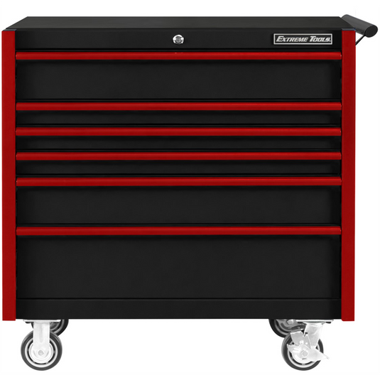 Extreme Tools DX Series 41in. W X 25in. D 6 Drawer Roller Cabinet; 100 lbs Slides; Black with Red Drawer Pulls