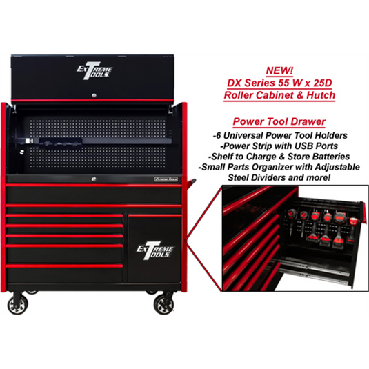 Extreme Tools DX Series 55in W x 25in D Extreme Power Workstation Hutch and 8-Drawer Roller Cabinet w Power Tool Drawer  Black w Red Drawer Pulls