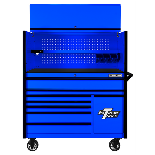 Extreme Tools DX Series 55in W x 25in D Extreme Power Workstation Hutch and 8-Drawer Roller Cabinet w Power Tool Drawer  Blue w Black Drawer Pulls