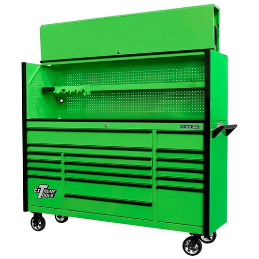 Extreme Tools DX 72"" Hutch & 17 Drawer Roller Cabinet Combo; Green