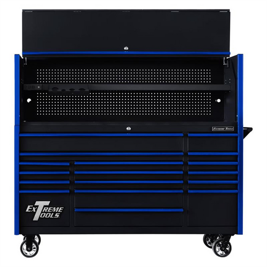 Extreme Tools DX 72"" Hutch & 17 Drawer Roller Cabinet Combo; Black
