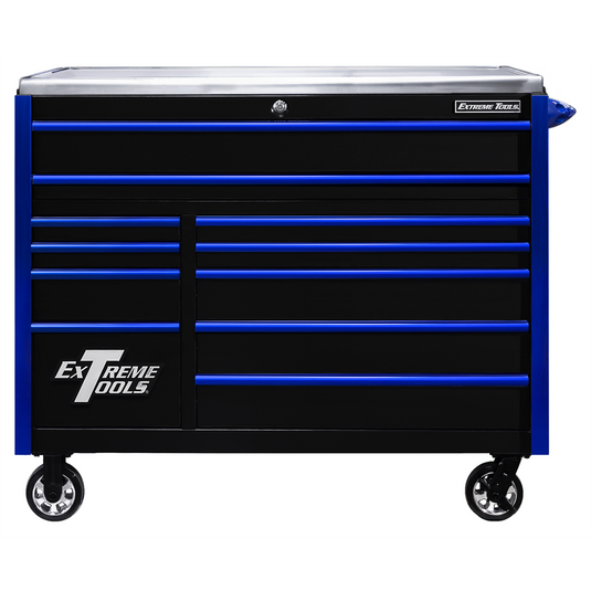 Extreme Tools EXQ Series 55""W x 30""D 11 Drawer Professional Roller Cabinet Black with Blue EX Quick Release Drawer Pulls