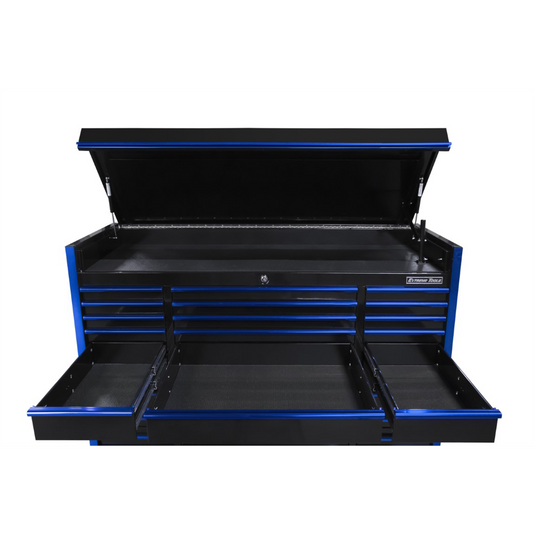 Extreme Tools EXQ Series 72in W x 31in D 15-Drawerr Triple Bank  Pro Top Chest  Black with Blue QR Drawer Pulls