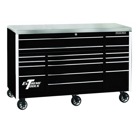 Extreme Tools EXQ Series 72""W x 30""D 17-Drawer Pro Triple Bank Roller Cabinet Black w/ Chrome Quick Release Drawer Pulls