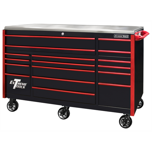 Extreme Tools EXQ Series 72""W x 30""D 17-Drawer Pro Triple Bank Roller Cabinet Black w/ Red Quick Release Drawer Pulls