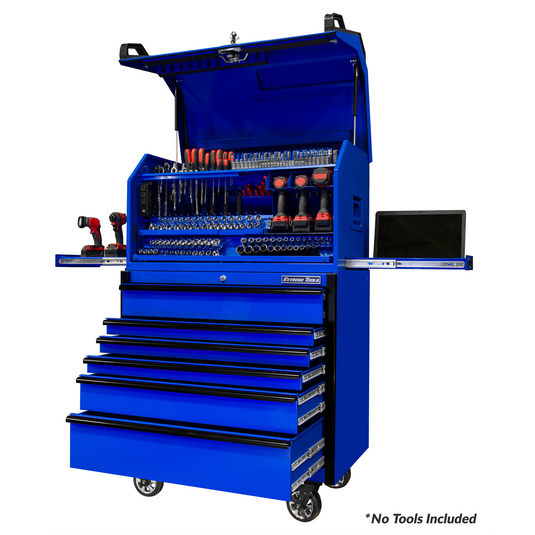 Extreme Tools PWS Series 41in W x 24in D Extreme Portable Workstation and 41in W x 25in D 6-Drawer Roller Cabinet Combo; Gloss Blue w Black Drawer Pulls