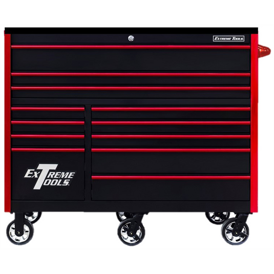 Extreme Tools Extreme Tools RX Series Professional 55""W x 25""D 12 Drawer Roller Cabinet 150 lbs slides Black; Red Drawer Pulls