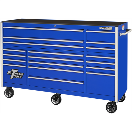 Extreme Tools&reg; RX Series 72in W x 25in D 19-Drawer Triple Bank Roller Cabinet  150 lb. Slides  Blue w Chrome Drawer Pulls