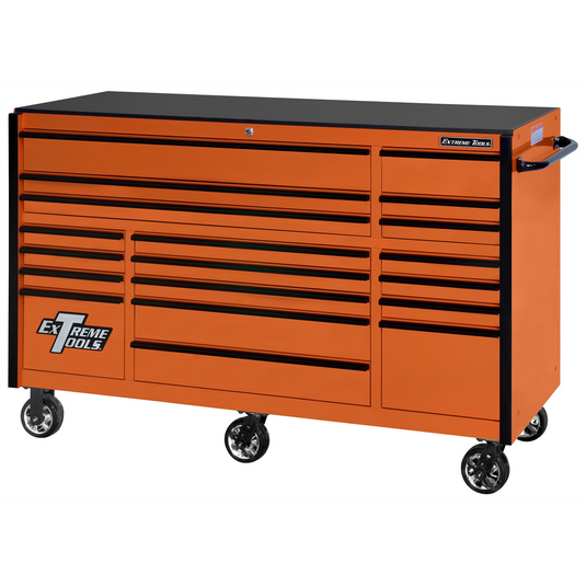 Extreme Tools RX Series 72 Inch Wide x 25 Inch Long 19 Drawer Roller Cabinet - 150 Pound Slides Orange with Black Drawer Pulls