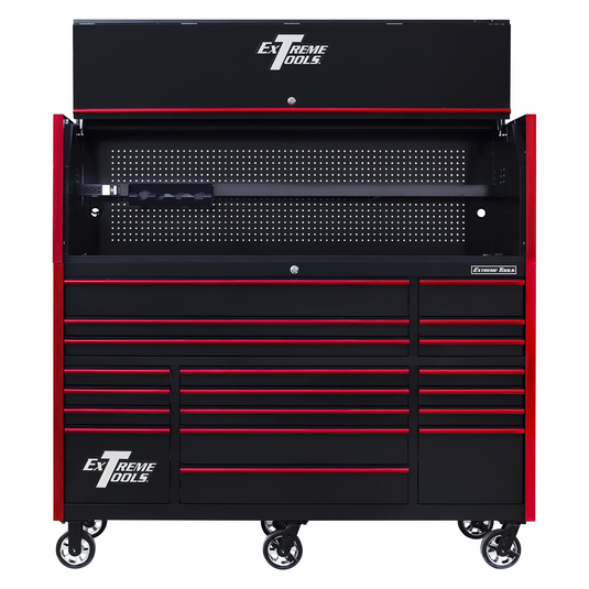 Extreme Tools RX Series 72""W x 30""D Pro Hutch & 19 Drawer Roller Cabinet Combo; Black w/ Red Drawer Pulls