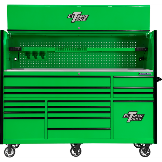 Extreme Tools RX Series 84in W x 30in D Extreme Power Workstation and 16-Drawer Roller Cabinet w Power Tool Drawer Combo  Green with Black Trim