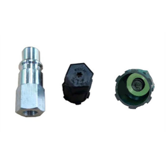 FJC R-1234yf Aluminum straight adapter with JRA Valve core with cap 1/8 NPT F M10 x 1.25