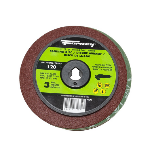 Forney Industries Resin Fibre Sanding Disc; Aluminum Oxide; 4-1/2 in x 7/8 in Arbor; 120 Grit