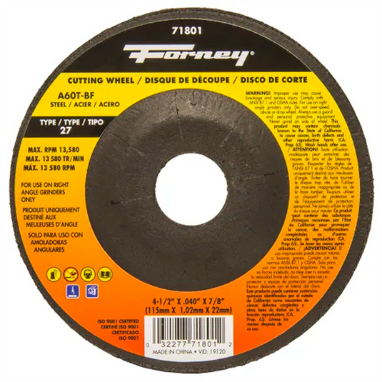 Forney Industries Cut-Off Wheel; Metal; Type 27; 4-1/2 in x .040 in x 7/8 in 5 PK