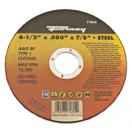 Forney Industries Cut-Off Wheel; Metal; Type 1; 4-1/2 in x .080 in x 7/8 in