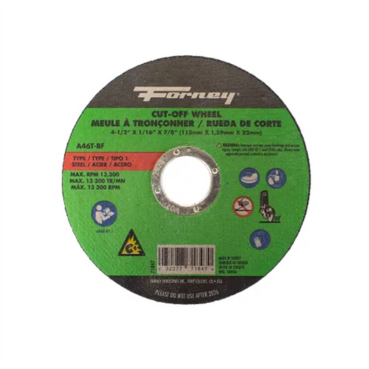 Forney Industries Cut-Off Wheel; Metal; Type 1; 4-1/2 in x 1/16 in x 7/8 in 5 PK