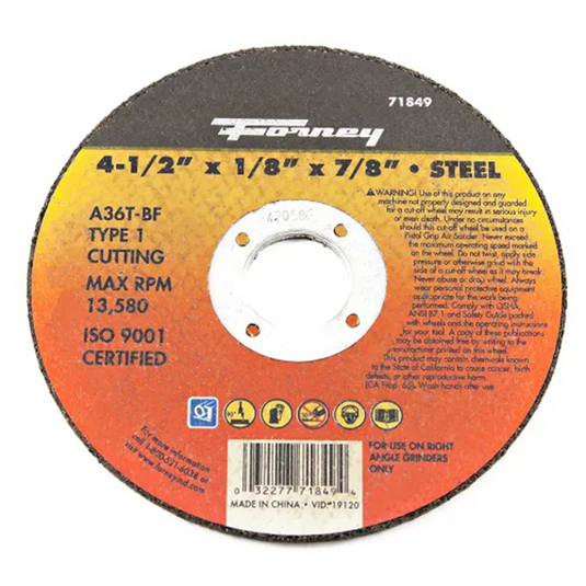 Forney Industries Cut-Off Wheel; Metal; Type 1; 4-1/2 in x 1/8 in x 7/8 in 5 PK