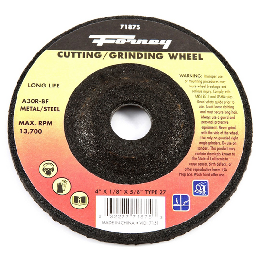 Forney Industries Grinding Wheel; Metal; Type 27; 4 in x 1/8 in x 5/8 in