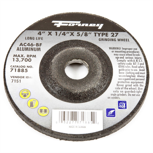 Forney Industries Grinding Wheel; Aluminum; Type 27; 4 in x 1/4 in x 5/8 in