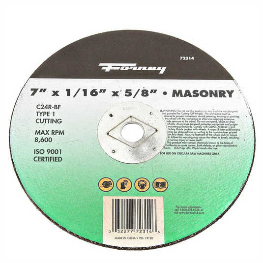 Forney Industries Cutting Wheel; Masonry; Type 1; 7 in x 1/16 in x 5/8 in